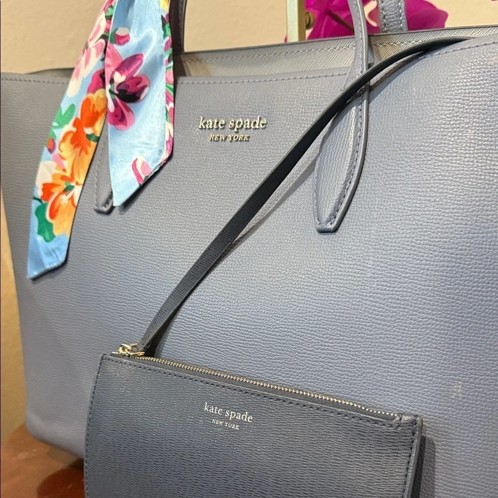 Kate Spade Gray Tote with Floral Scarf and Pouch designer purse wristlet